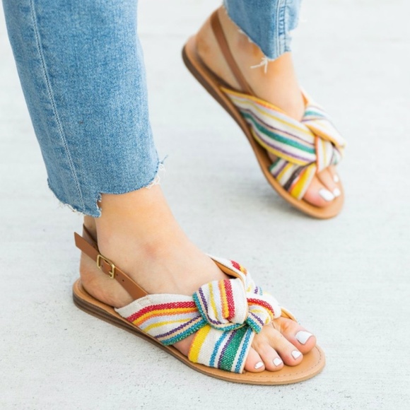 Shoes - striped canvas knot vegan leather strap sandals